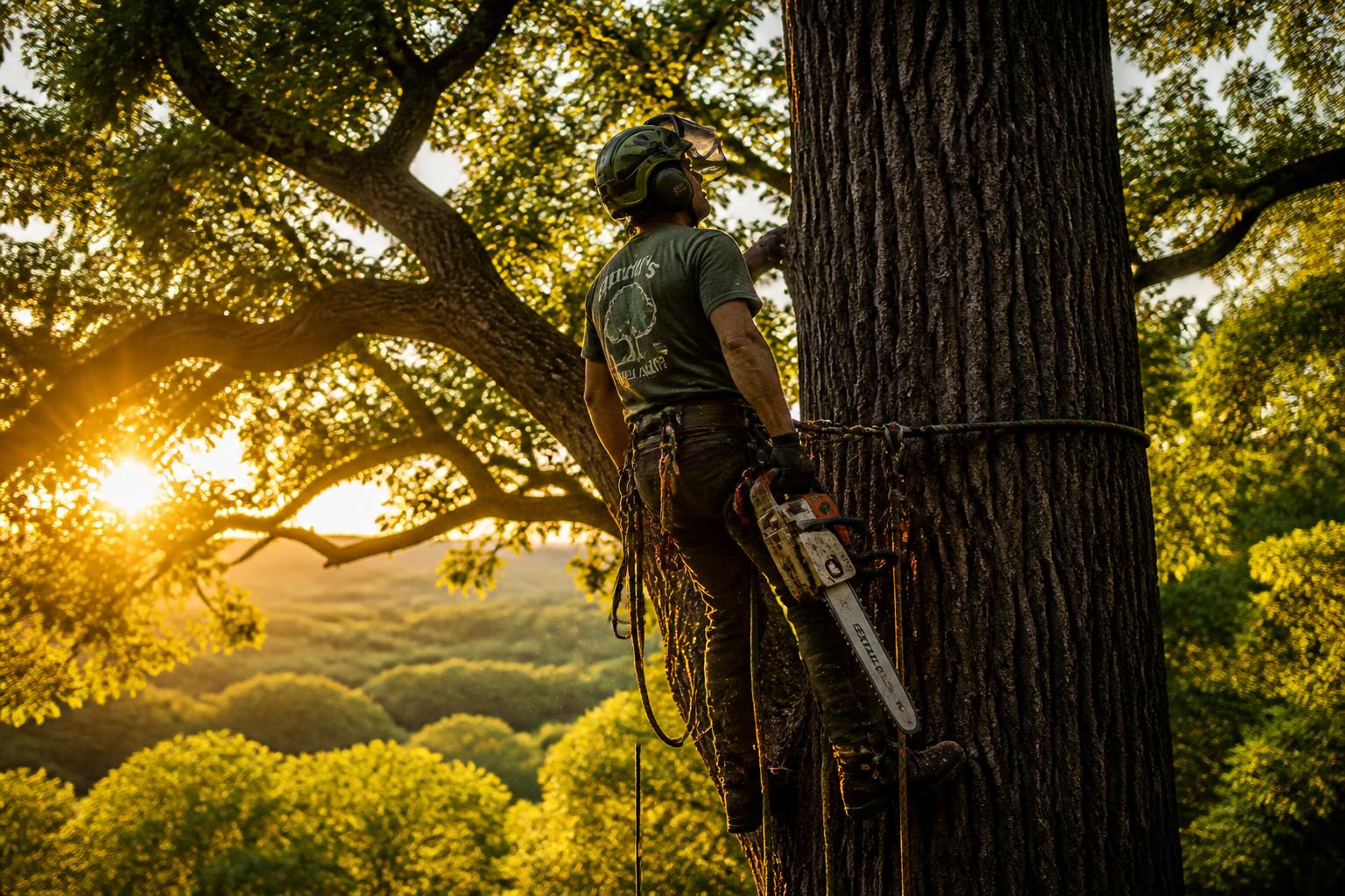 Professional arborist working in a Connecticut oak tree at golden hour